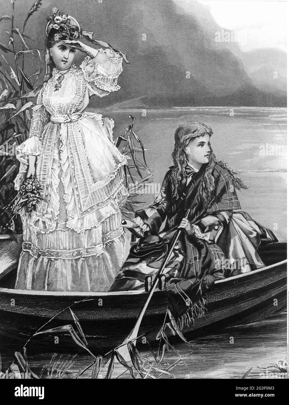 Sport, Rudern, zwei Frauen bei einer Bootsfahrt, Holzstich, Deutschland, um 1890, DAS URHEBERRECHT DER KÜNSTLERIN muss NICHT FREIGEGEBEN WERDEN Stockfoto