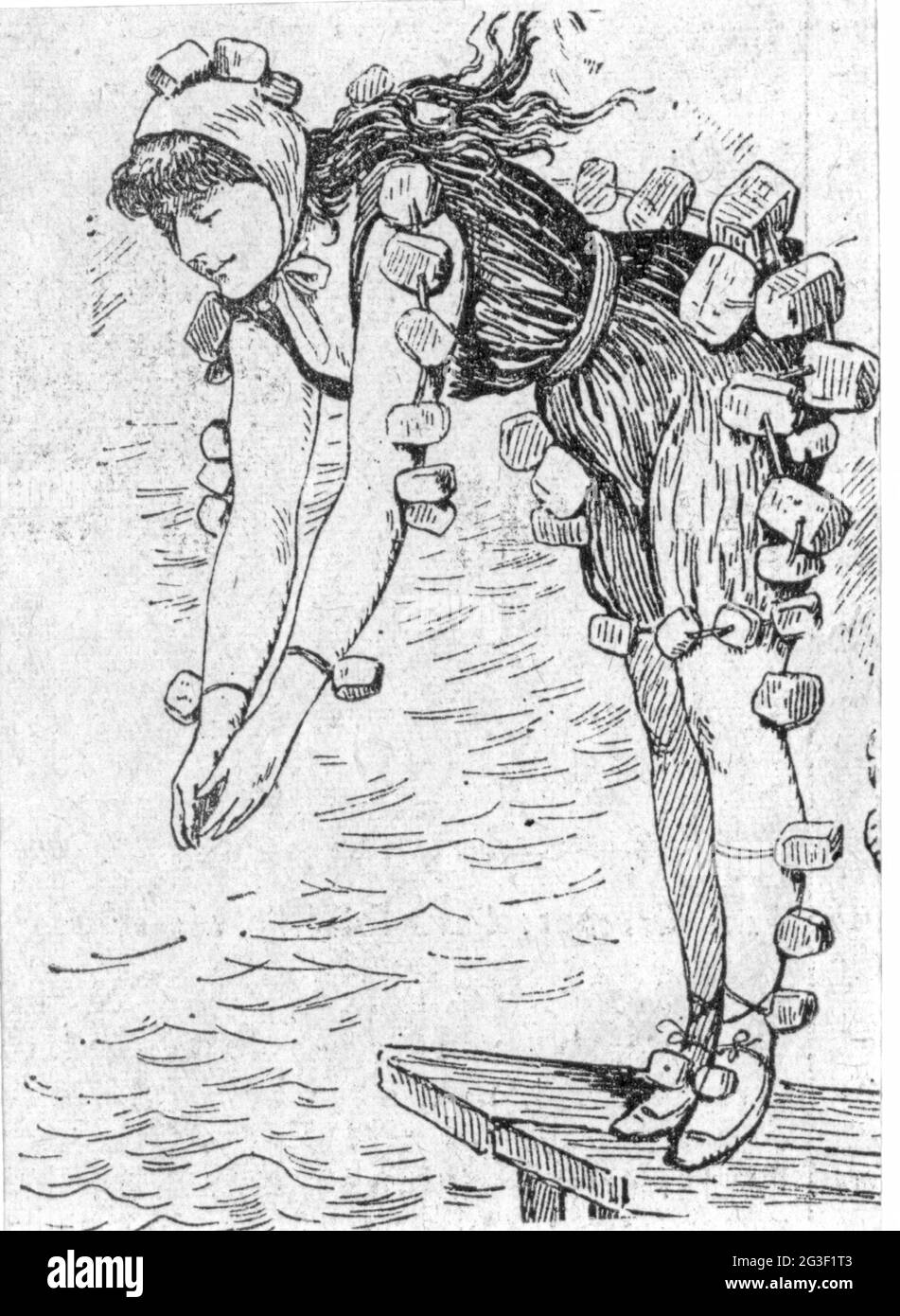 Baden, Strandmode, junge Frau mit Schwimmhilfe aus Kork, Holzgravur, um 1890, ARTIST's COPYRIGHT MUSS NICHT GELÖSCHT WERDEN Stockfoto