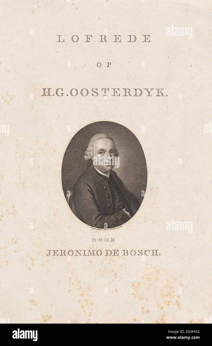 Porträt des Dichters Hermannus Gerardus Oosterdijk; Titelseite für: J. Bosch, Lofrede über H. Oosterdyk, 1795.. Stockfoto
