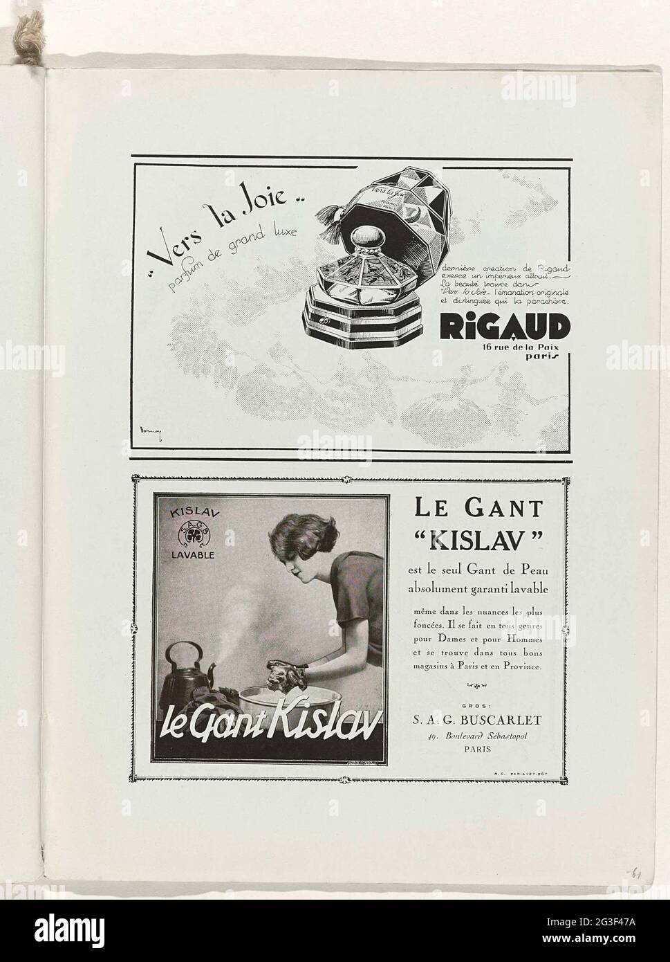 Kunst - Geschmack - Schönheit, Flugblätter weiblicher Eleganz, weihnachten 1928, Nr. 100, 9. Jahrgang, S. 61. Twee advertenties voor Van Rigaud Parfüm in Handschoen 'Kislav'. Pagina uit Het modetijdschrift Art-Taste-Beauty (1920-1933). Stockfoto