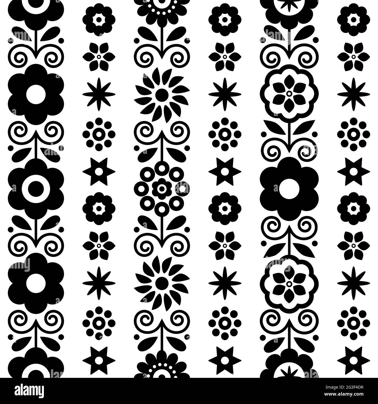 Florales Vektor nahtloses Textil- oder Stoffmuster in Schwarz und Weiß. Inspiriert von der Volkskunst aus Nowy Sacz, Polen Stock Vektor