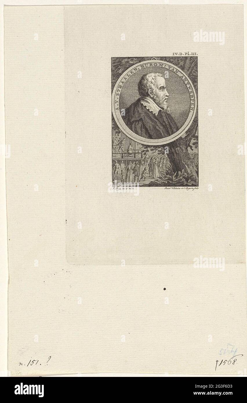 Porträt von Antoon Van Jenen. Porträt von Antoon van Straalen, Bürgermeister von Antwerpen. Unter dem Porträt sind die Hinrichtungen, auf die Bürde des Herzogs von Alva. Stockfoto