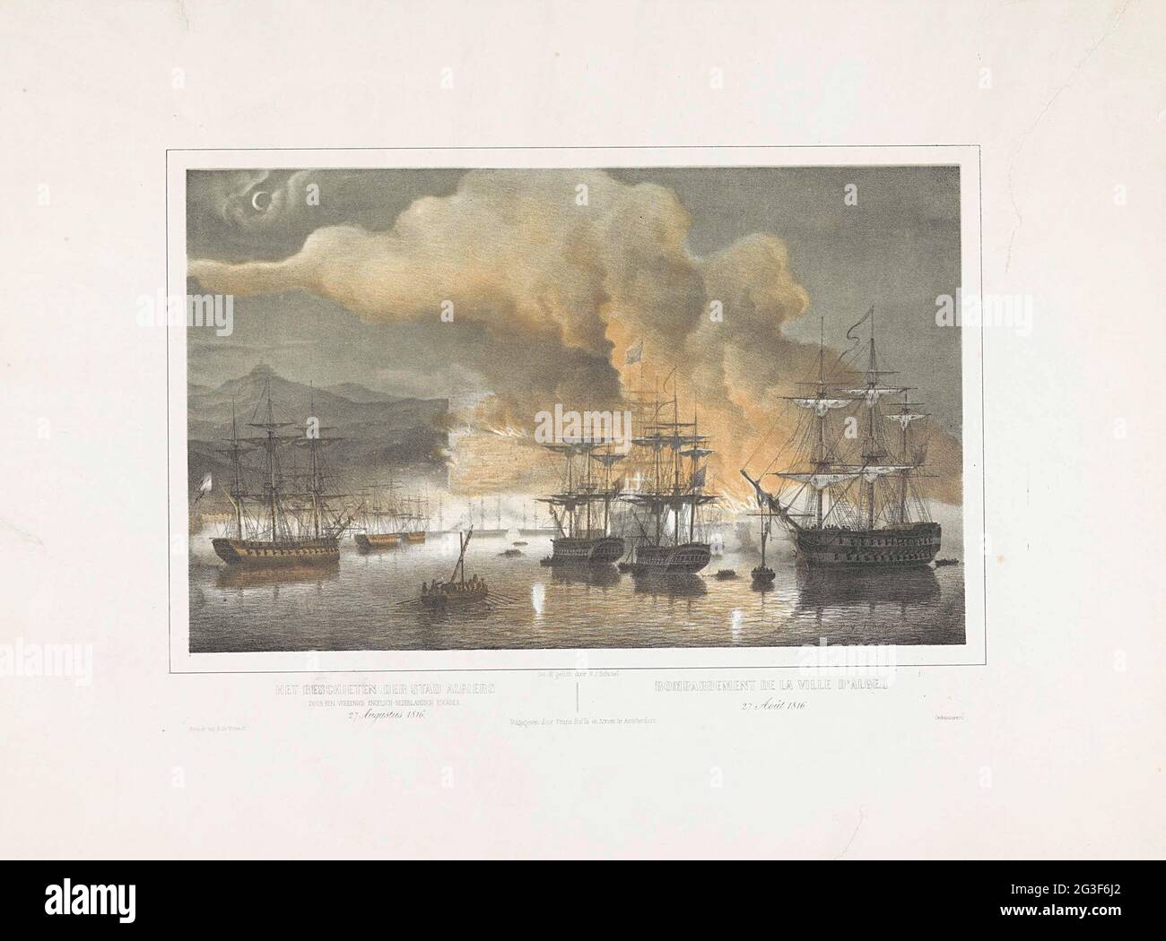 Bombardierung von Algier, 1816; Diskontinuierung der Stadt Algier durch ein vereintes englisch-niederländisches Geschwader 27. August 1816 / Bombardement de la Ville d'Alger 27 août. Die Bombardierung von Algier in der Nacht vom 26-27. August 1816 durch die kombinierte englisch-niederländische Flotte unter dem Kommando von Lord Exmouth und Jonkheer van Capellen. Die alliierte Flotte im Vordergrund, dahinter Flammen und Rauch von den brennenden Schiffen der Piraten und der algerischen Küste. Der Druck gehört zu einer separaten Erklärung mit den Namen einiger Niederländer, die bei dem Bombenanschlag anwesend waren. Stockfoto