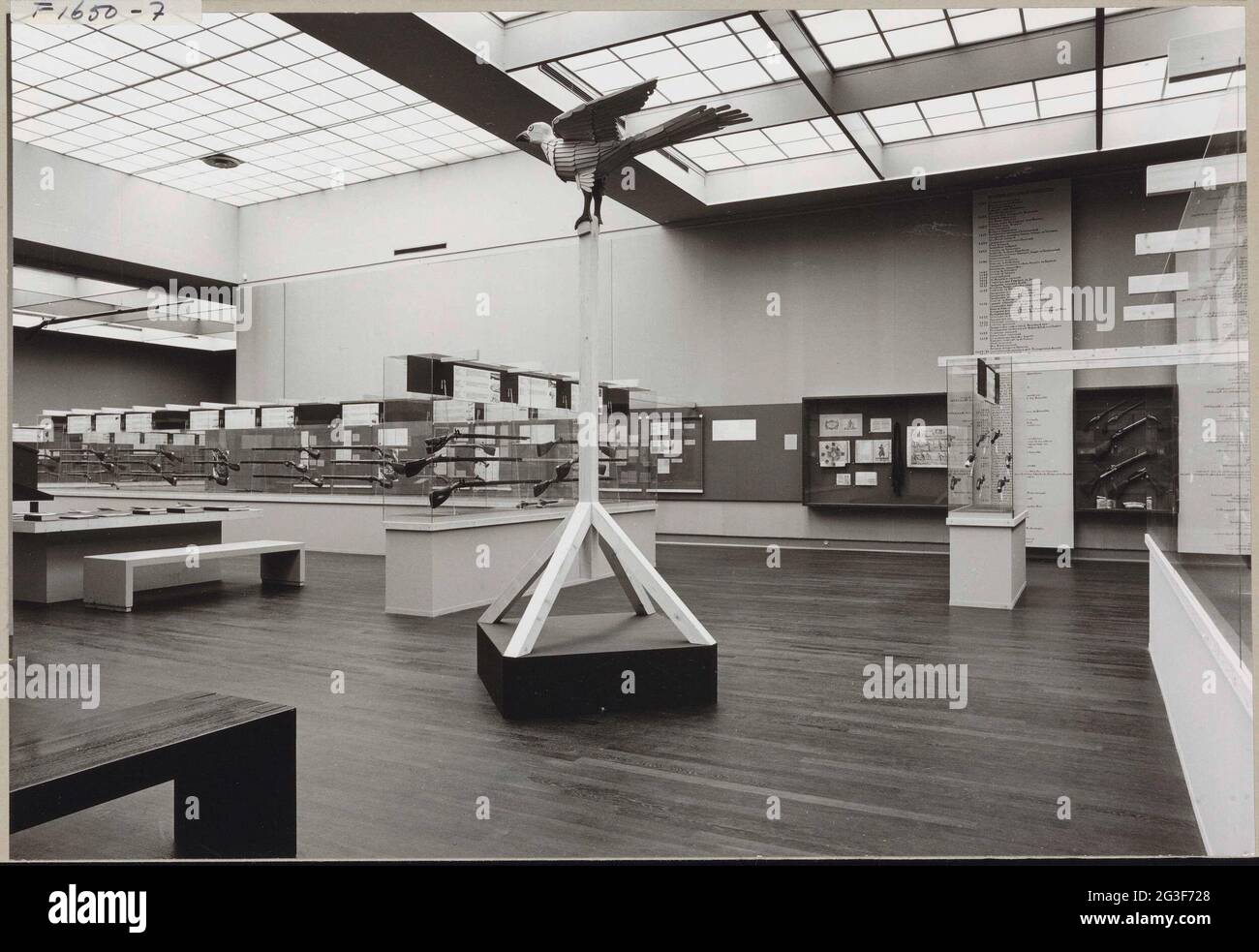 Zimmer mit Musketen und Waffen in Vitrinen, ein Vogel auf einem Holzstandard; Ausstellung von Musketen und Pistolen. Auf dem Foto eine Rekonstruktion eines hölzernen Vogels (Papagei), wie er im 17. Jahrhundert bei Schießspielen verwendet wurde. Herstellung der Herman Halskette, Restauratorin im Rijksmuseum. Stockfoto