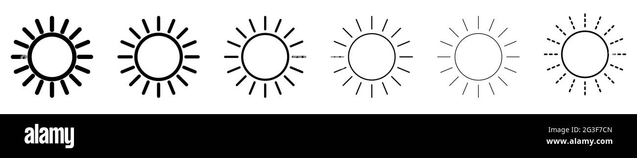 Sonnensymbol. Satz linearer Sonnensymbole. Vektorgrafik. Symbole für Sonnenvektoren. Schwarze lineare Sonnensymbole Stock Vektor