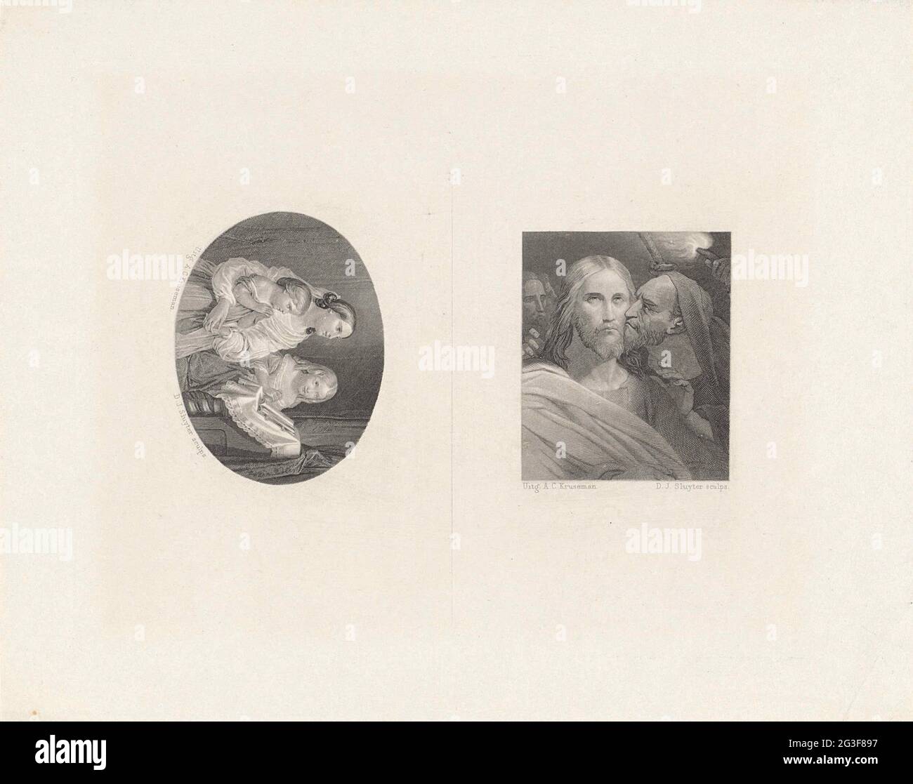 Das Gebet - der Judas-Kuss. Zwei Buchillustrationen auf einem Teller. Hinterließ drei betende Mädchen für ein Buch auf einem Leserlesegerät mit einem Spitzentuch. Rechts Judas, der die Wange Christi küstt. Stockfoto