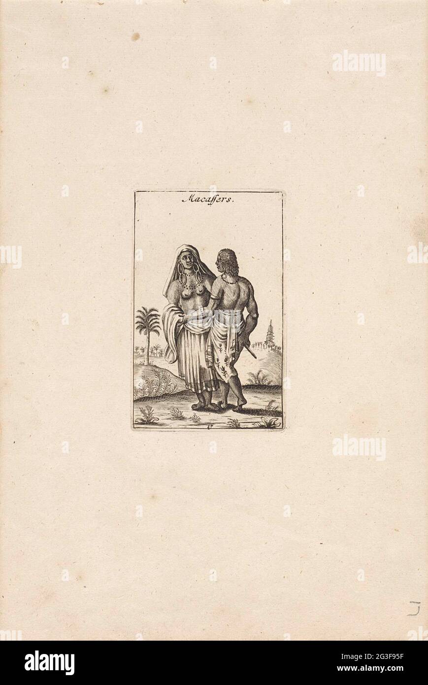 Mann und Frau aus Makassar; Macassers; Chineese und erwürgte Nachhie. Ein Mann und eine Frau aus Makassar, die in einer Landschaft stehen. Stockfoto