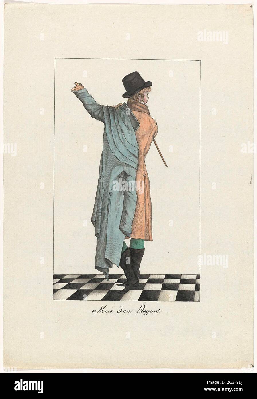 MISE D'UN ELEGANT (Journal des Ladies et des Modes, Costume Parisien, 15. Januar 1800, AN 8). Ein Mann zieht seinen Mantel mit drei Schulterkragen (Carrick) über eine Jacke und eine Hose. Zubehör: Hut mit erhobener Kante und kleiner Kochplatte auf dem Rücken, kleiner Gehstock, Stiefel mit spitzen Nasen. Boarding for Print No. 187 (RP-P-2009-1391) in Journal des Ladies et des Modes, Costume Parisien, 15. Januar 1800, AN 8 Stockfoto