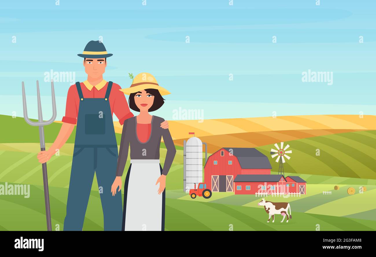 Farmer agrarische Menschen arbeiten auf Viehzucht Bauernhof in Dorf Landwirtschaft Landschaft Vektor-Illustration. Cartoon junger Mann Frau paar Charaktere mit Pitchfork, arbeiten auf dem Feld Hintergrund Stock Vektor