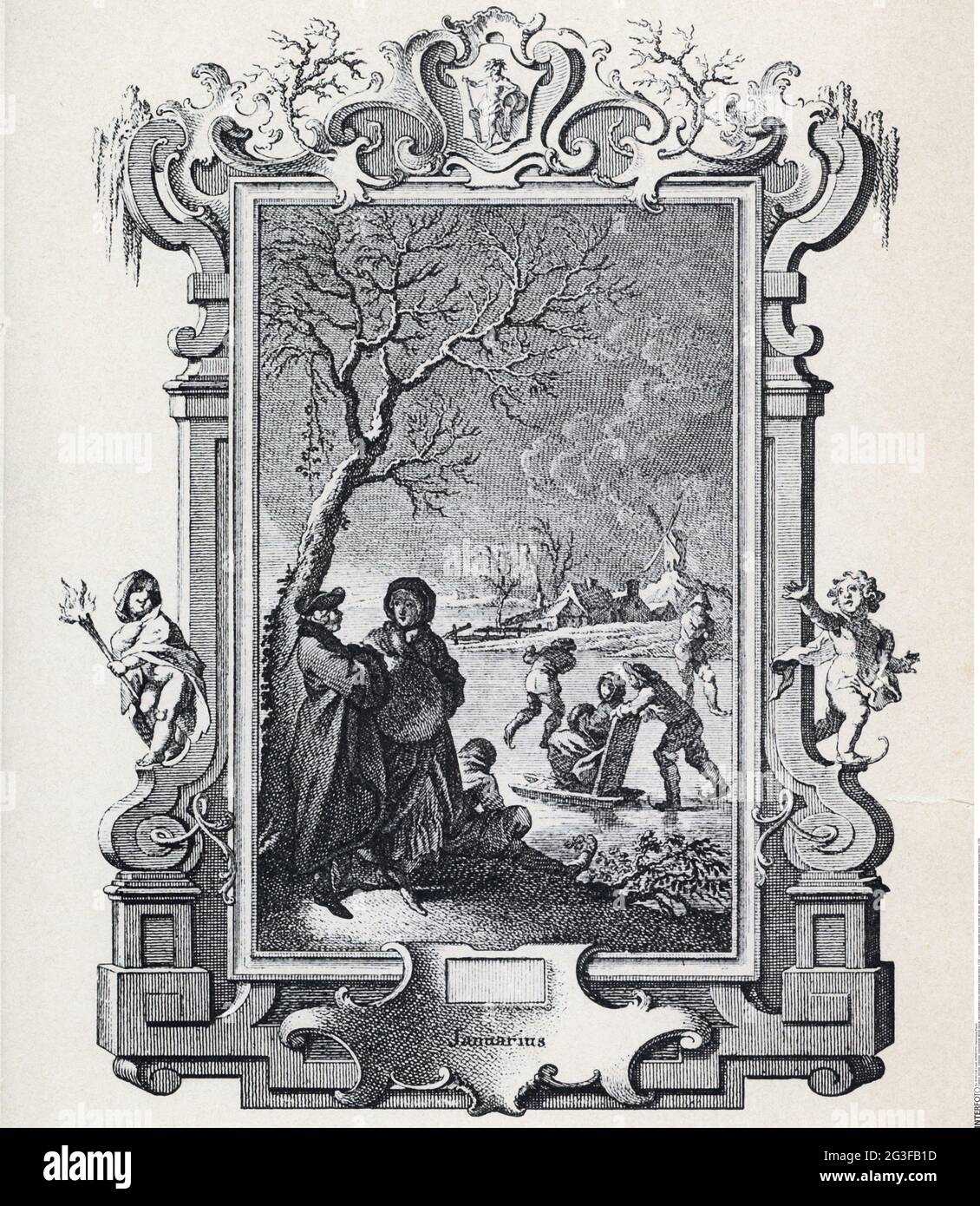 Kalender, Kalenderblatt, Monat Januar, nach Kupferstich von Johannes Esaias Nilson, 1750, darf DAS COPYRIGHT DES KÜNSTLERS nicht FREIGEGEBEN WERDEN Stockfoto