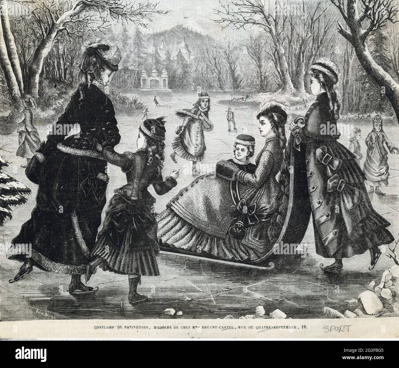 Sport, Wintersport, Eislaufen, Mode für weibliche Eisläuferinnen, entworfen von Madame Breant-Castel, das COPYRIGHT VON ARTIST's DARF NICHT GEKLUNGEN WERDEN Stockfoto