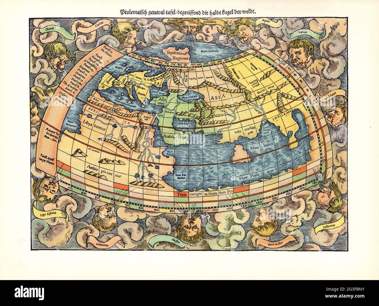 1550 ptolemäische Weltkarte von Sebastian Münster Stockfoto