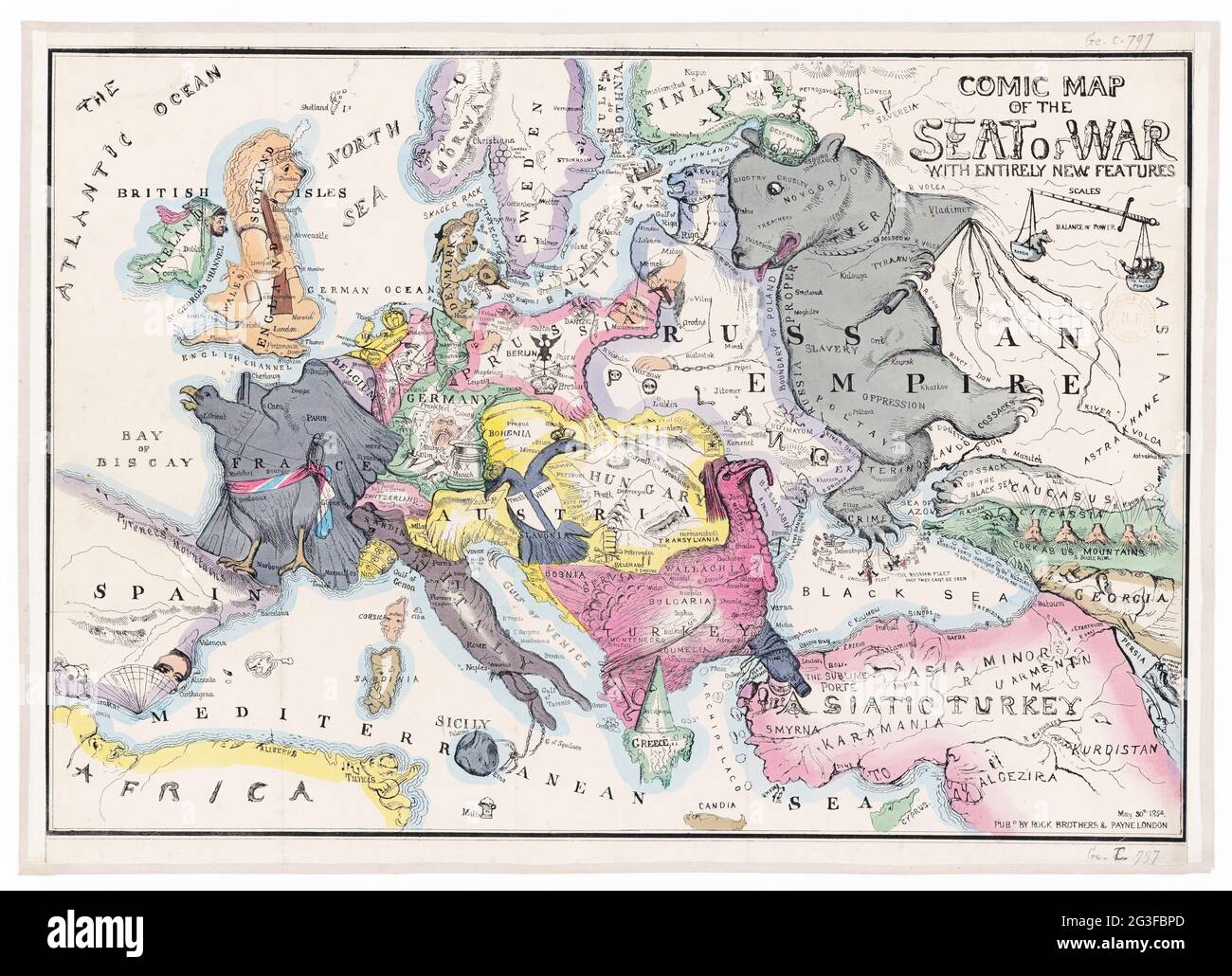 Comic-Karte des Kriegsschauplatzes mit völlig neuen Features 1854 – Karte von Europa Stockfoto