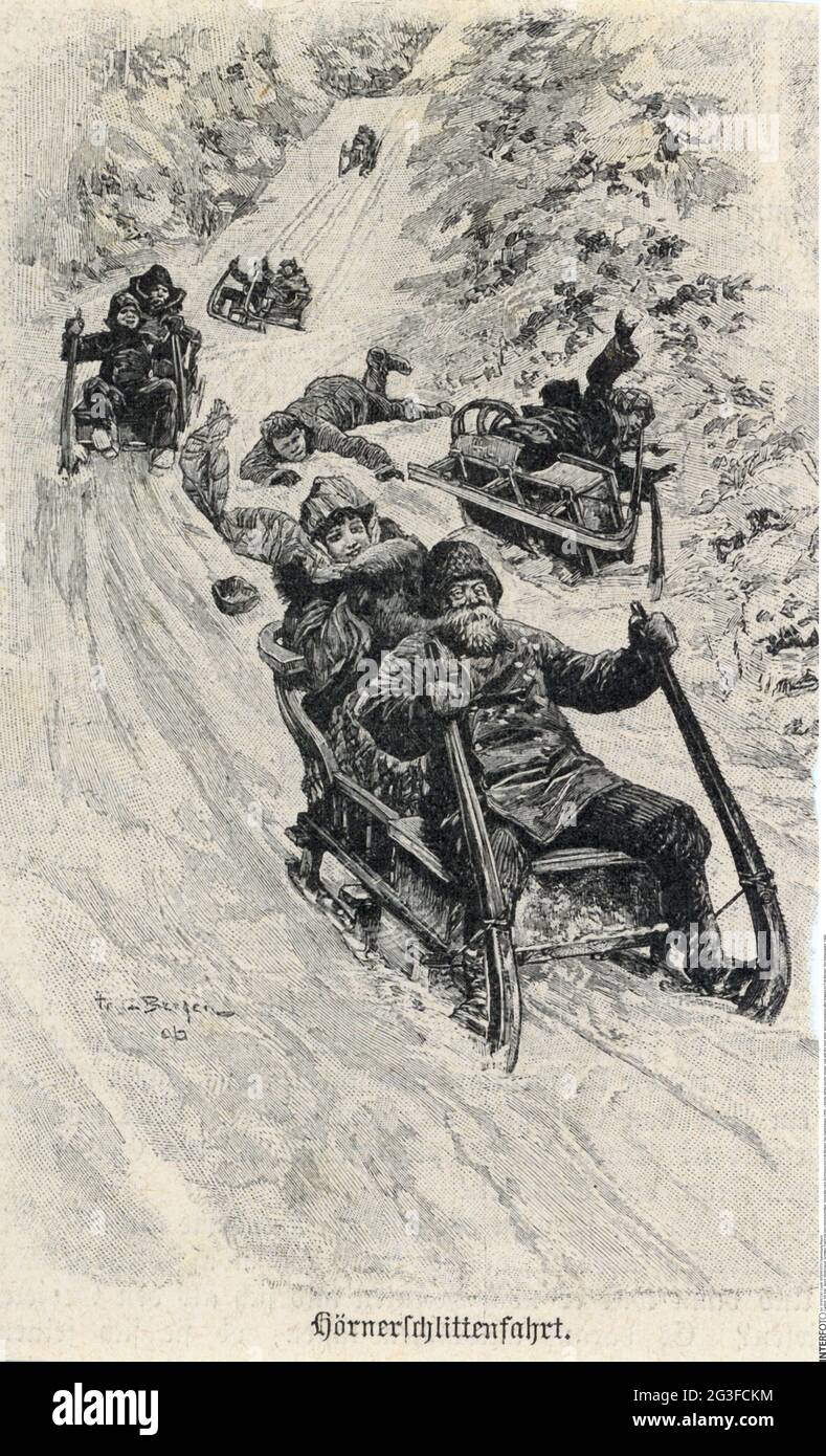 Sport, Wintersport, Schlitten, Fahrt mit der Hornrutsche, Holzgravur nach Zeichnung von Fritz Bergen, ARTIST's COPYRIGHT DARF NICHT FREIGEGEBEN WERDEN Stockfoto