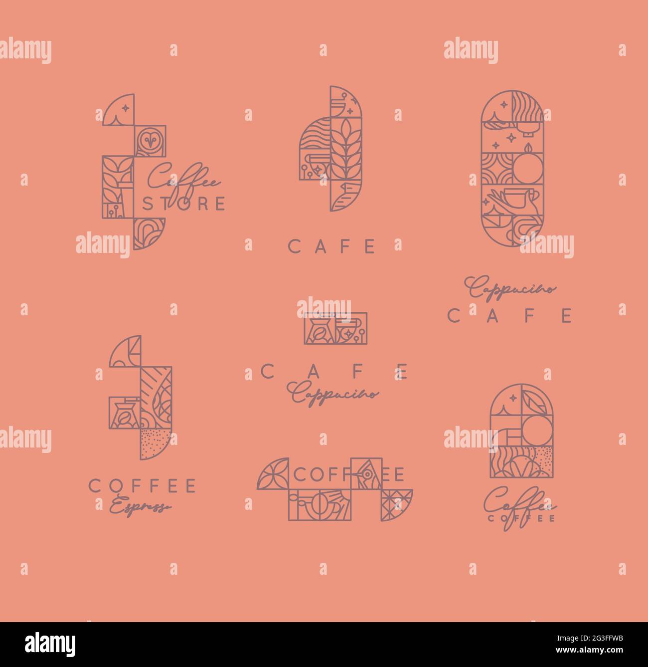 Set von kreativen modernen Art-Deco-Kaffee-Etiketten in flacher Linie Stil Zeichnung auf Korallen Hintergrund. Stock Vektor