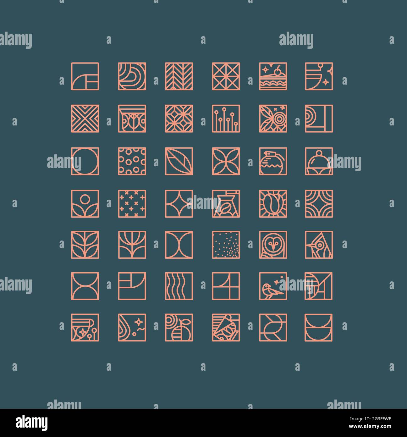 Set von kreativen modernen Art-Deco-Kaffee-Ikonen in flacher Linie Zeichnung auf dunklem Hintergrund. Stock Vektor
