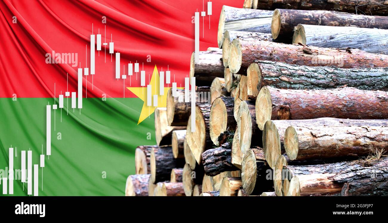 Holz auf dem Hintergrund der Flagge von Burkina Faso, das Konzept der steigenden Preise für Holz Stockfoto