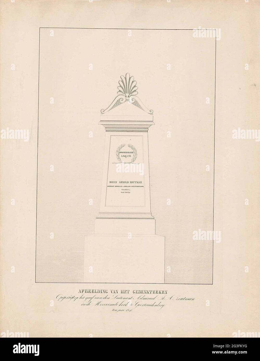 Gedenkstätte für Vize-Admiral saltman, 1846; Bild der Gedenkschilder am Grab des Leutnants Admiraal J.A. Zoutman in der reformierten Kirche in Geertruidenberg ten Jare 1846. Memorial wurde 1846 für den Vizeadmiral J.A. gegründet Zoutman, gestorben am 7. Mai 1793. Auf dem Denkmal die Erwähnung der Seeschlacht bei Doggersbank am 5. August 1781. Gedenkstätte in der Geertruidenskerk oder Grote Kerk in Geertruidenberg im Auftrag der örtlichen Abteilung der Gesellschaft an Nut van 't General. Stockfoto