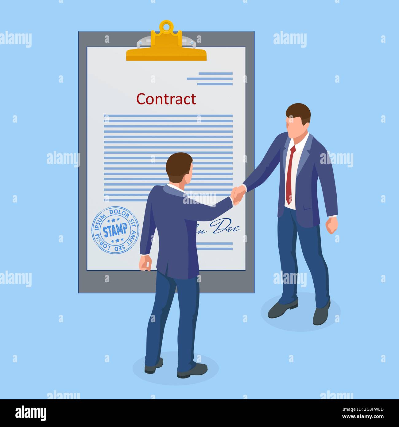 Isometric unterzeichnete einen Vertrag mit einem Stempel und einer Unterschrift. Die Form des Dokuments. Geschäftliche Finanzvereinbarung oder Vertrag. Vertragsunterzeichnung. Stock Vektor