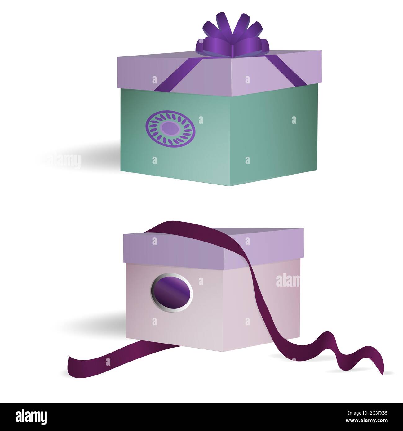 Geschenkschachteln für Glückwünsche, mit Bändern, Schleifen und Dekorationen. Isoliert auf weißem Hintergrund. Vektorgrafik. Stock Vektor