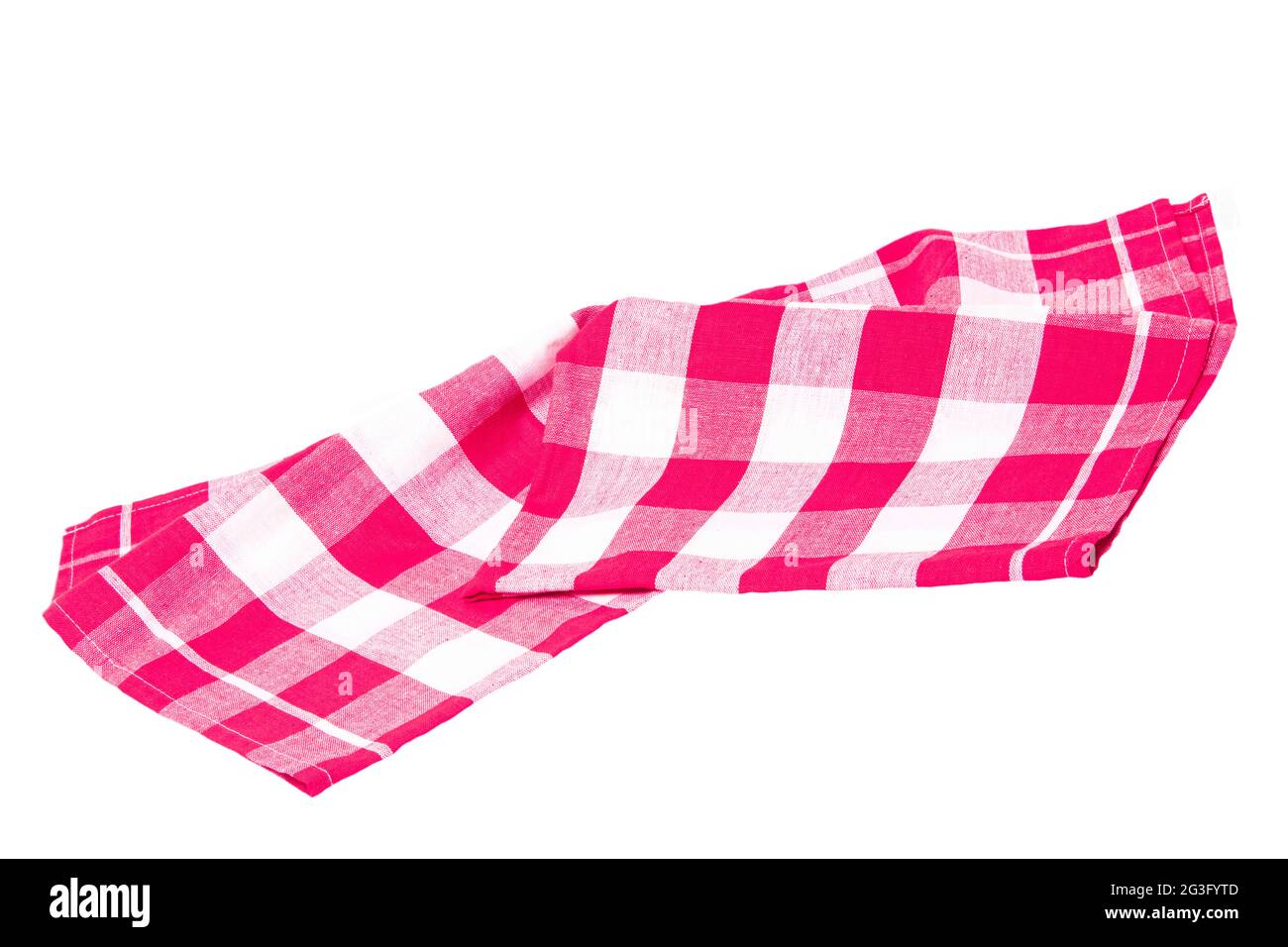 Nahaufnahme einer rosa und weiß karierten Serviette oder Tischdecke Textur isoliert auf weißem Hintergrund. Küchenzubehör. Stockfoto