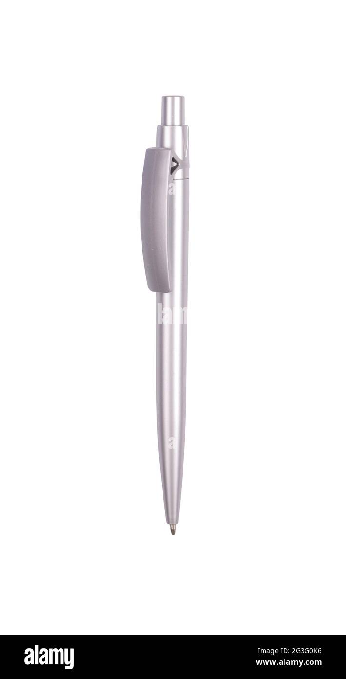 Silberner Rollerball-Stift isoliert mit Clipping-Pfad Stockfoto