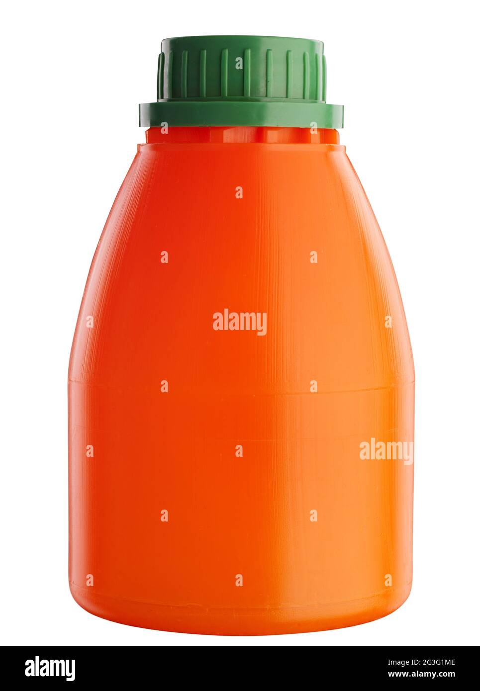 Orangefarbene Plastikflasche auf Weiß Stockfoto