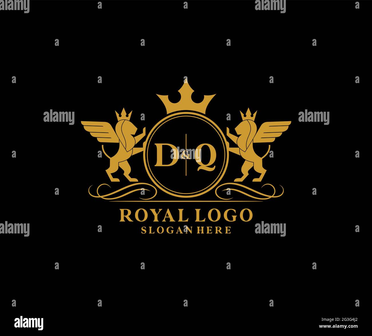 DQ Buchstabe Lion Royal Luxury heraldic, Crest Logo Vorlage in Vektorgrafik für Restaurant, Royalty, Boutique, Cafe, Hotel, Heraldik, Schmuck, Mode und Stock Vektor