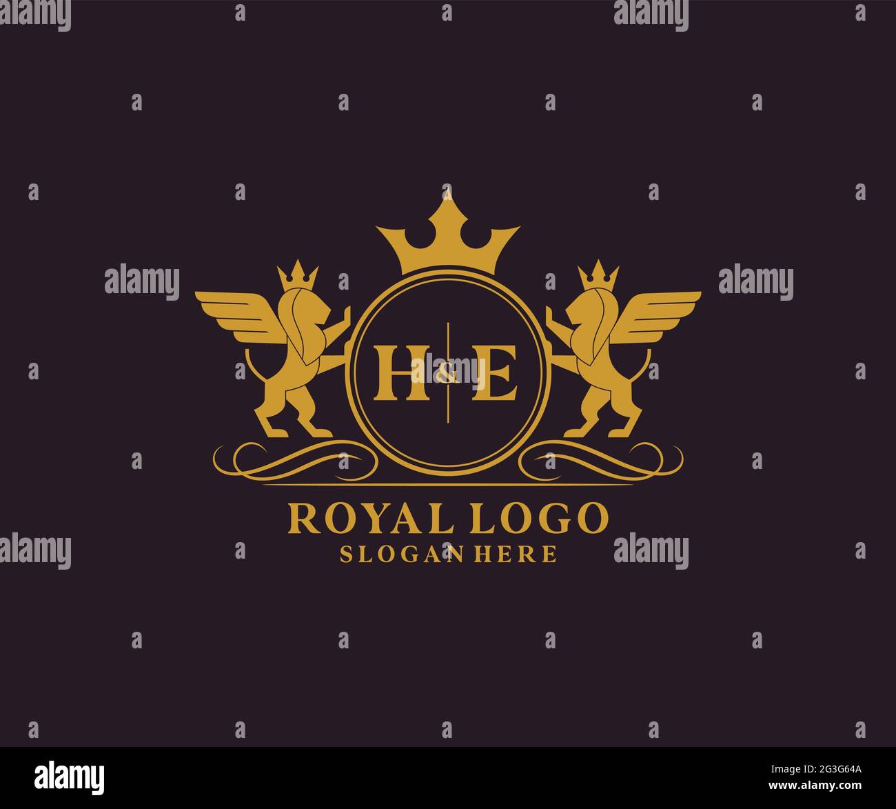 HE Letter Lion Royal Luxury Heraldik, Crest Logo Vorlage in Vektorgrafik für Restaurant, Royalty, Boutique, Cafe, Hotel, Heraldik, Schmuck, Mode und Stock Vektor