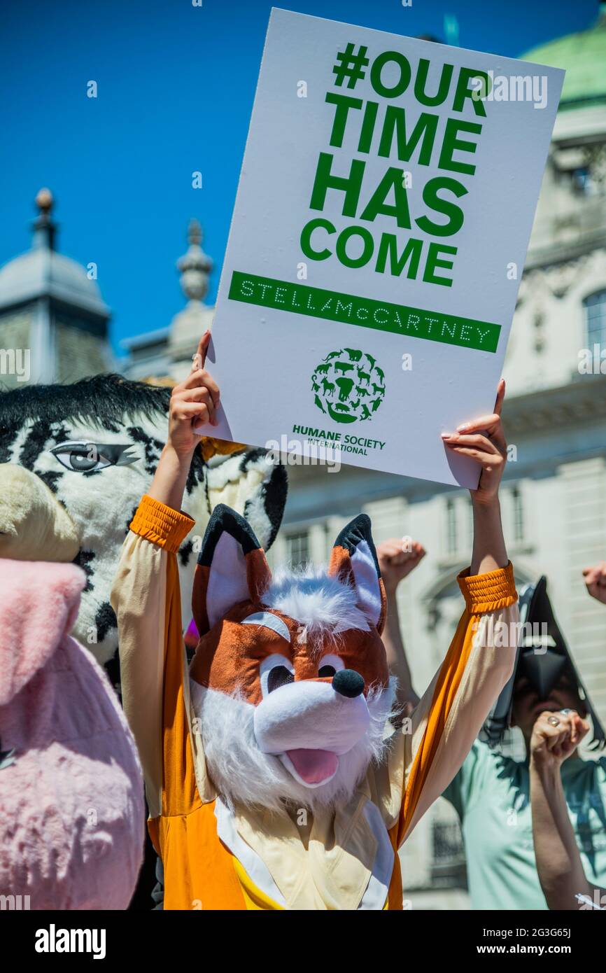 London, Großbritannien. Juni 2021. Stella McCartneys Herbst-2021-Kampagne ‘Unsere Zeit ist gekommen' auf den Piccadilly Lights, Piccadilly Circus. Um die Menschen zu ermutigen, die HSI-Petition für das freie Großbritannien zu unterzeichnen, organisierte Stella McCartney eine Guerilla-Versammlung mit Markenbotschaftern (ca. 20 - 30), die Tierköpfe trugen, ähnlich denen, die in der Herbstkampagne 2021 verwendet wurden, und forderte Passanten auf, die Petition der Humane Society für das freie Großbritannien zu unterschreiben. Kredit: Guy Bell/Alamy Live Nachrichten Stockfoto