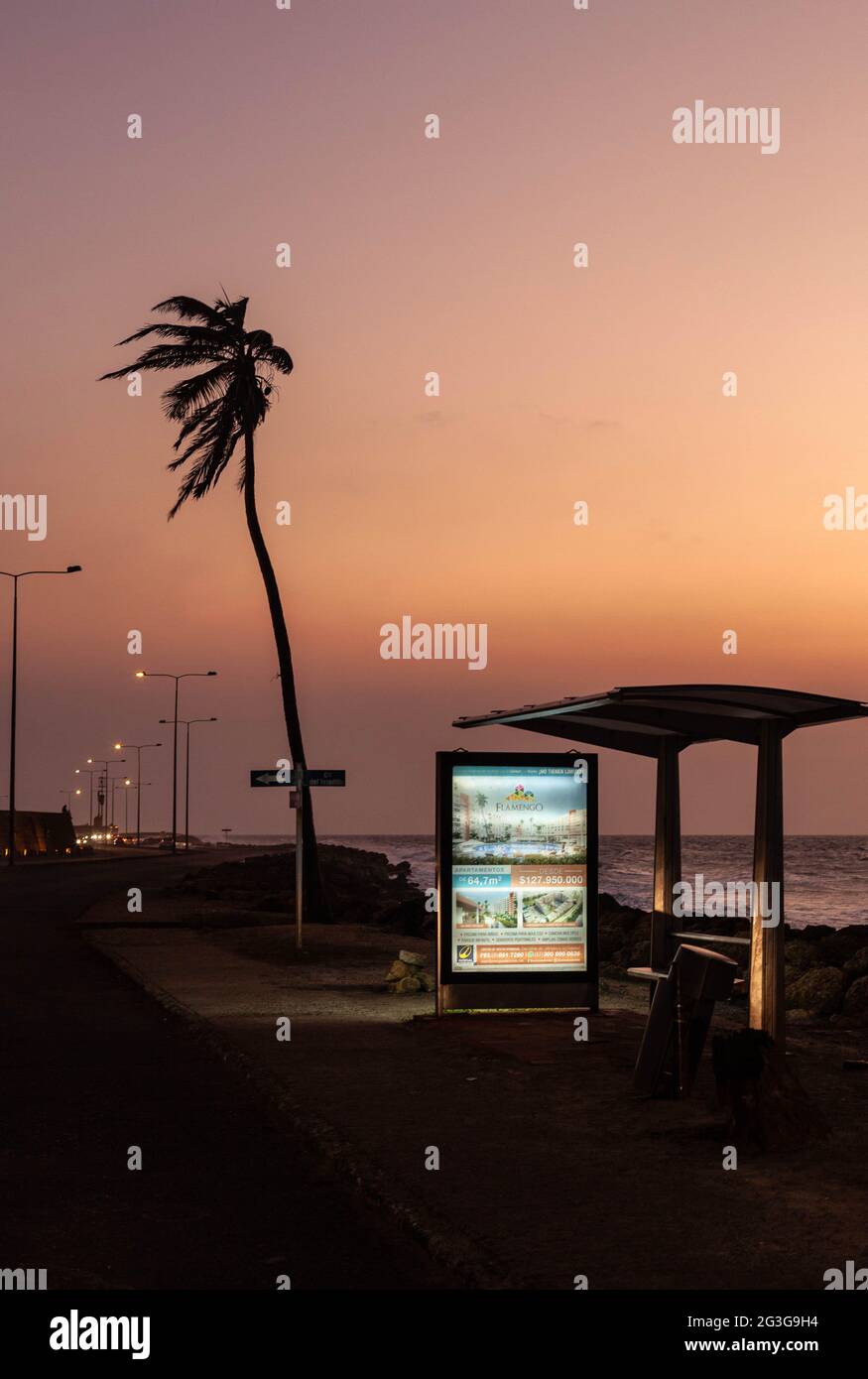 Bushaltestelle und Palme auf der Avenida Santander, Cartagena de Indias, Kolumbien. Stockfoto