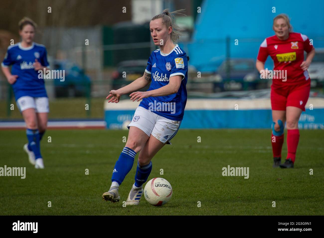 Cardiff, Wales 14. März 2021. Orchard Welsh Premier Womens Football League-Spiel zwischen Cardiff City und Abergavenny. Stockfoto