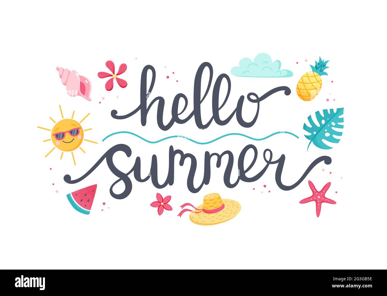 Sommer-Schriftzug und niedliche Strandelemente Sonne, Blumen, Muschel, Früchte. Handgezeichnete flache Cartoon-Elemente. Vektorgrafik Stock Vektor