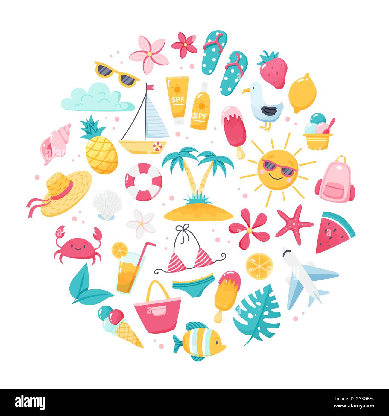 Sommer-Set mit niedlichem Bikini mit Strandelementen, Flip-Flops, Früchten, Blumen und Palmen. Handgezeichnete flache Cartoon-Elemente. Vektorgrafik Stock Vektor