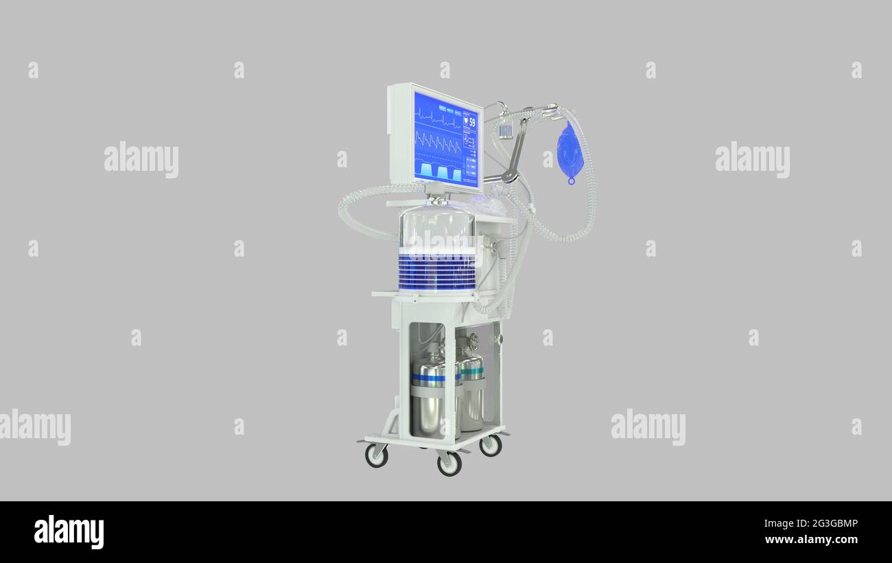 ICU Covid-Beatmungsgerät gerendert, Medizin 3d-Illustration Stockfoto