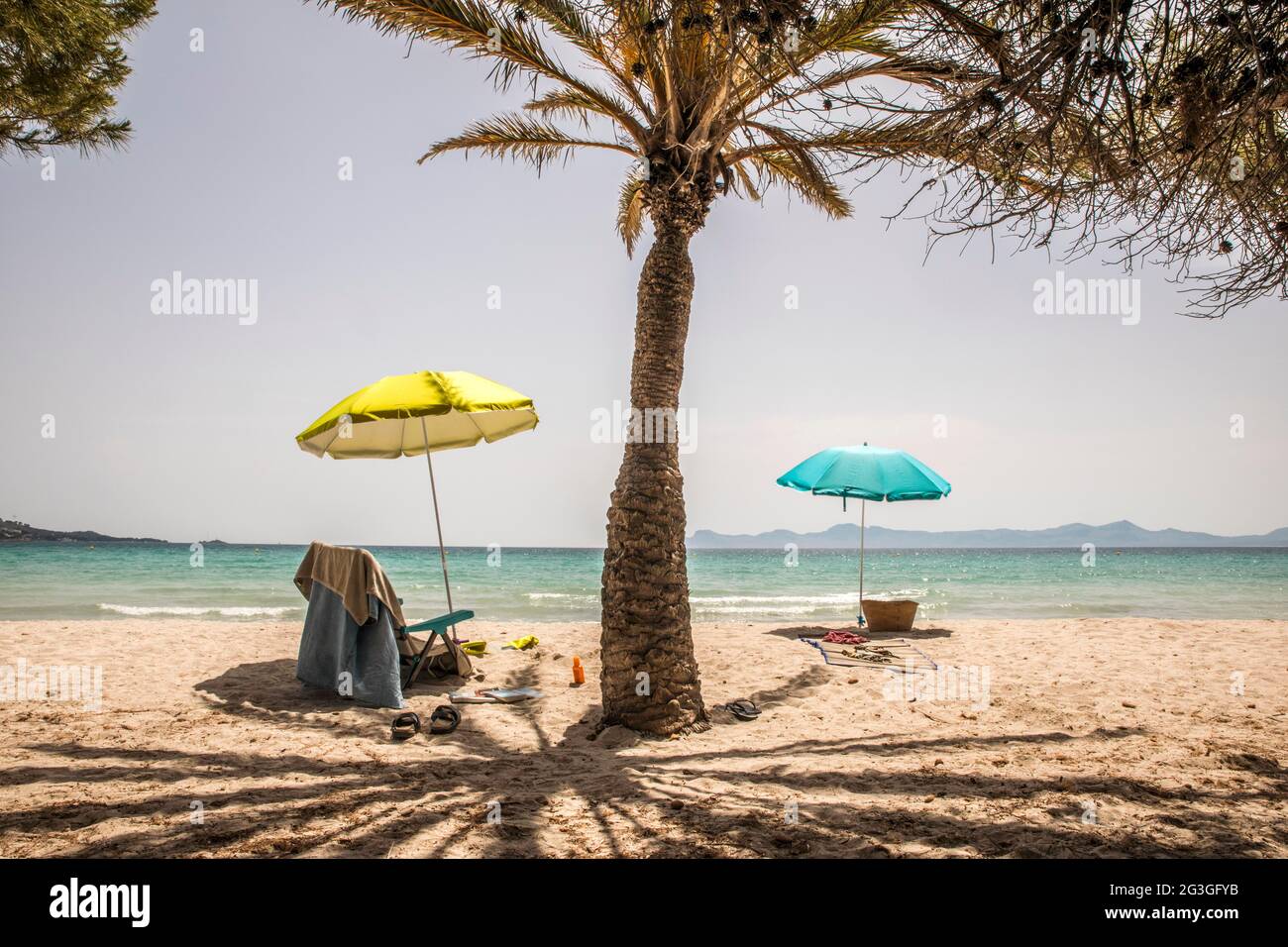 Berlin, Mallorca, Spanien. Juni 2021. Strandszene mit Sonnenschirmen und leeren Liegen am Strand auf Mallorca. Quelle: John-Patrick Morarescu/ZUMA Wire/Alamy Live News Stockfoto