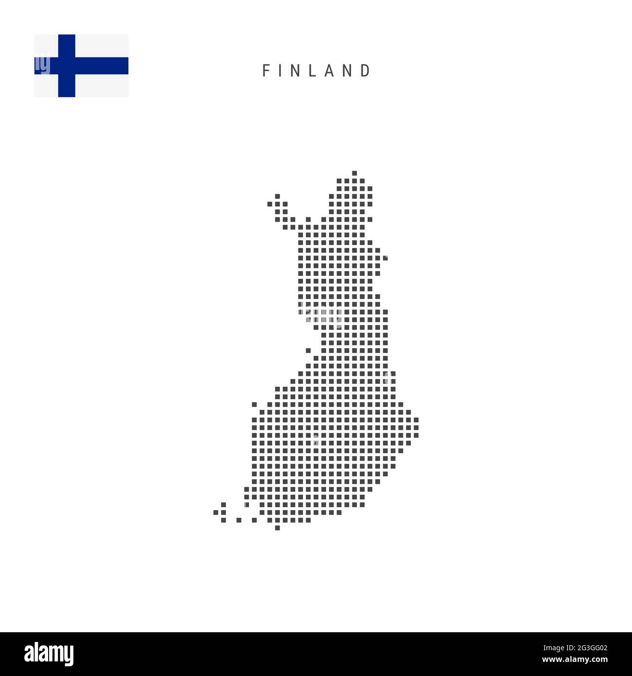 Karte mit quadratischen Punkten von Finnland. Finnische gepunktete Pixelkarte mit isolierter Nationalflagge auf weißem Hintergrund. Vektorgrafik. Stock Vektor