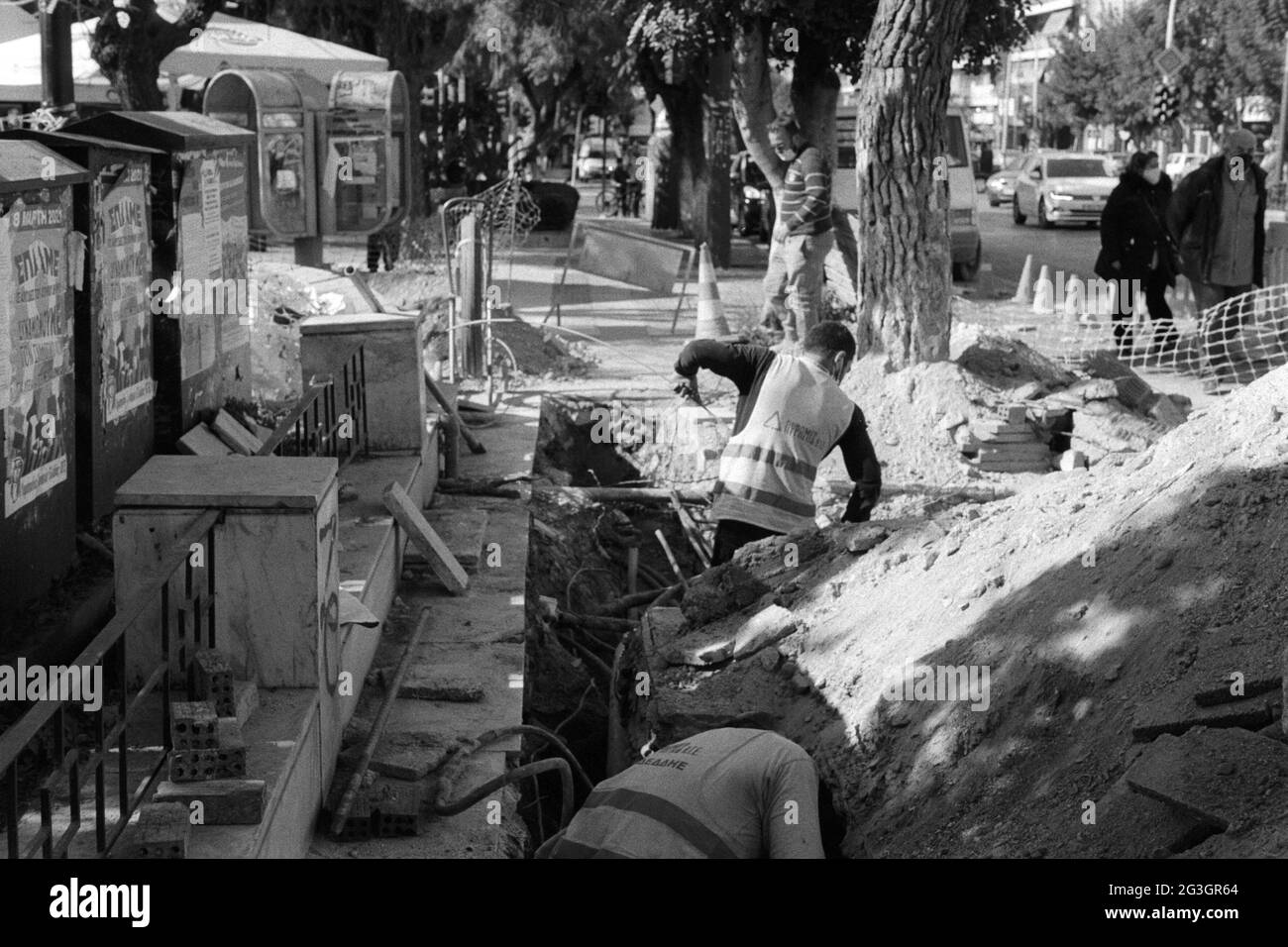 Straßenarbeiten im Gange, Kallithea Athen Griechenland Stockfoto