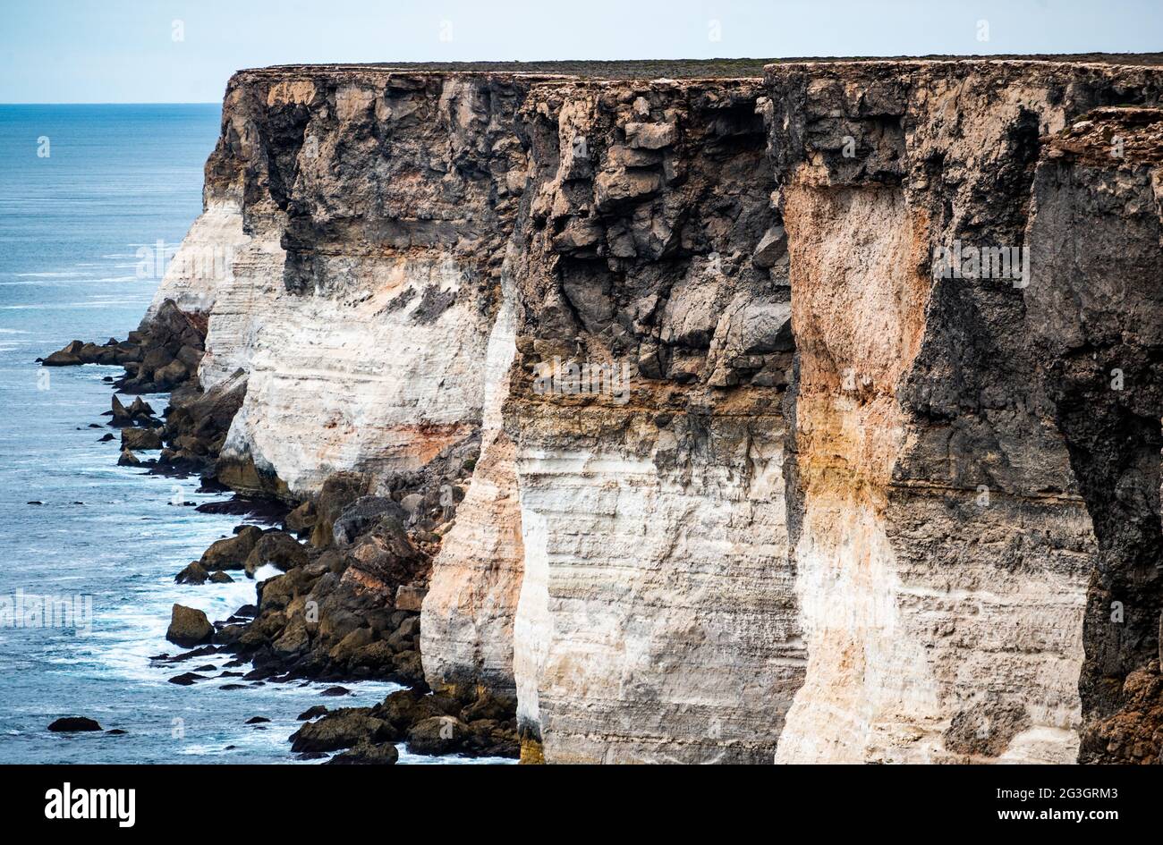 Die Bunda Cliffs, die hier am Head of Bight zu sehen sind, bestehen aus drei Kalksteineinheiten und erstrecken sich 100 km entlang der Great Australian Bight. Stockfoto