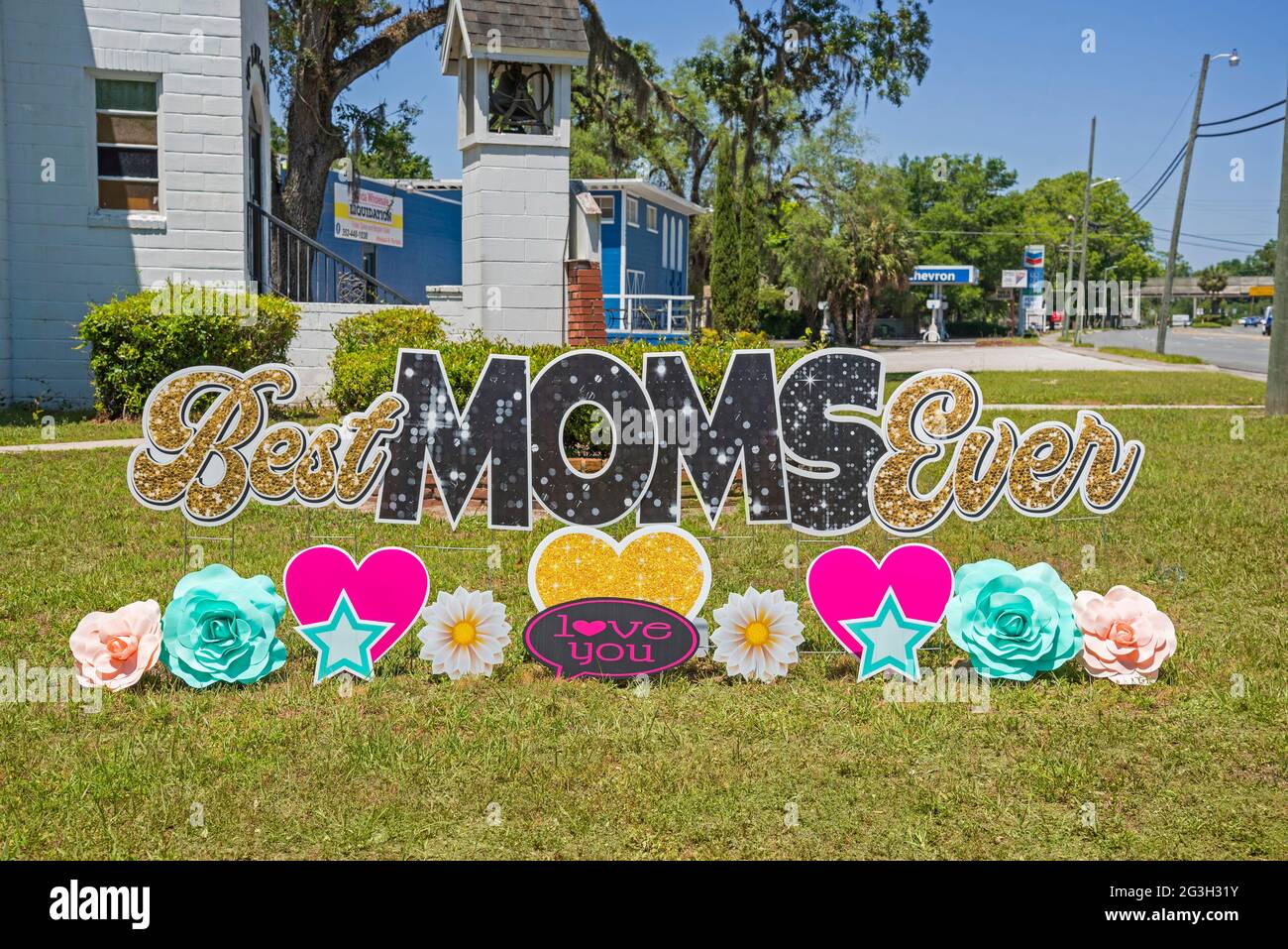 Schild zum Muttertag vor der Kirche St. Luke AME in Alachua, Florida. Stockfoto