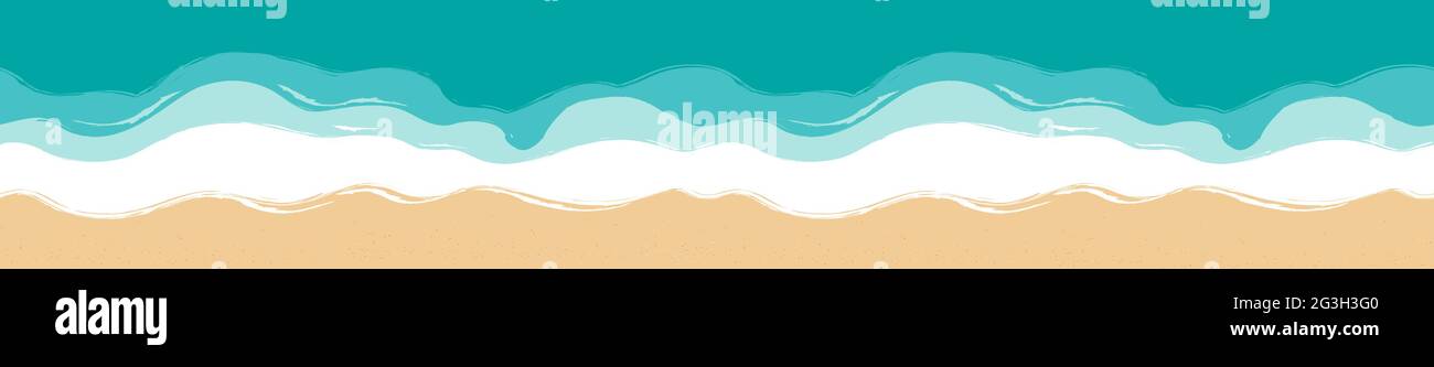 Panoramablick auf den Strand. Langes, längtes, horizontales Banner. Sand, Meeresküste mit azurblauen Wellen. Blick auf die Küste von oben, Luftaufnahme. Nahtloser Meereshintergrund. Handgezeichnete Vektorgrafik. Stock Vektor