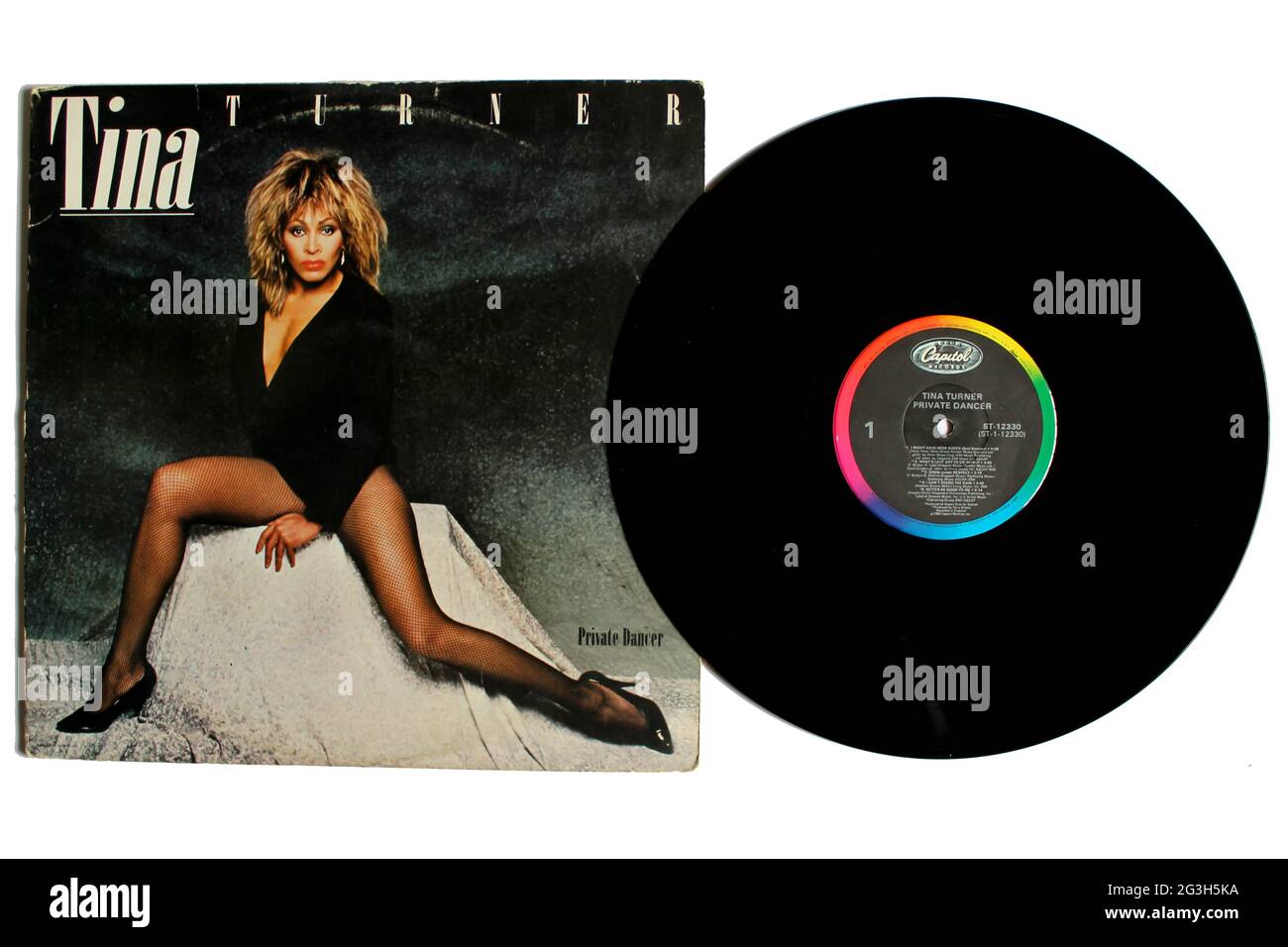 Pop-, Rock- und RnB-Künstlerin, Tina Turner-Musikalbum auf Vinyl-Schallplatte. Titel: Privates Dancer Albumcover Stockfoto