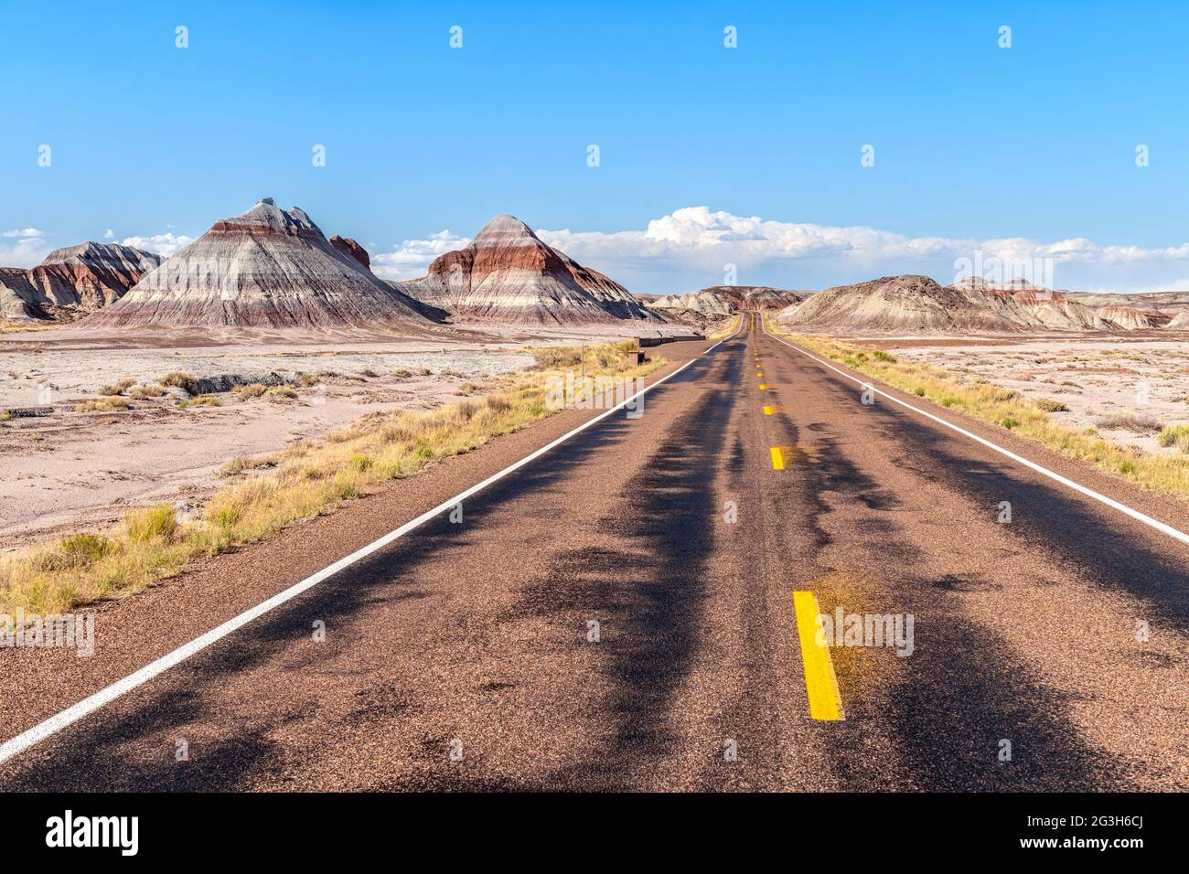 Die abgelegene Straße tief im Herzen des Petrified Forest National Park zeigt die wunderschöne Berglandschaft der bemalten Wüste während der Szenerie Stockfoto