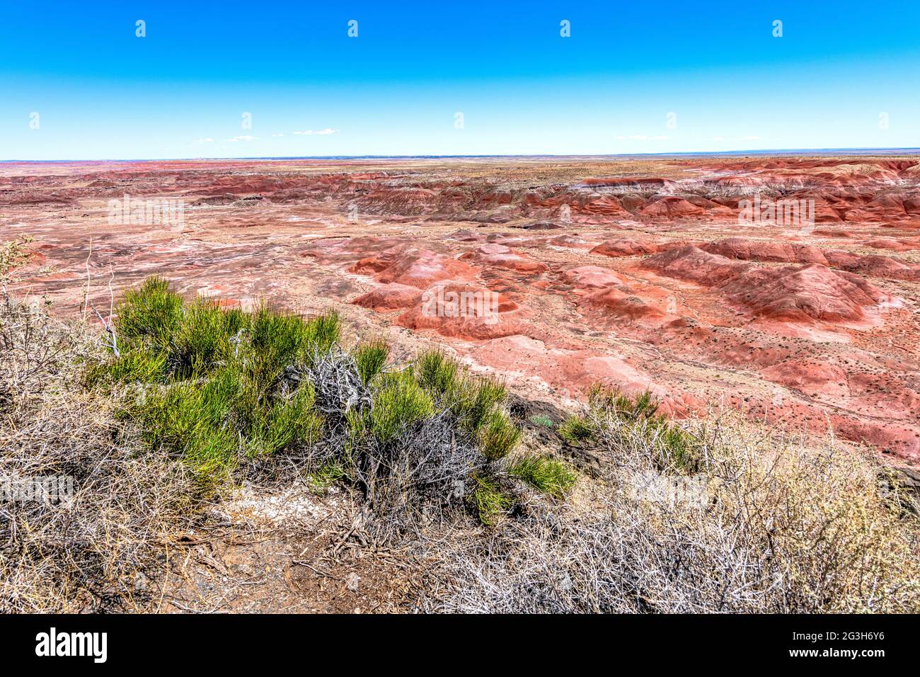 Panoramablick auf die Berge des Painted Desert National Park zeigt die wunderschöne geologische Formation, Muster und Farben, die diesem Park seinen Namen geben. Stockfoto