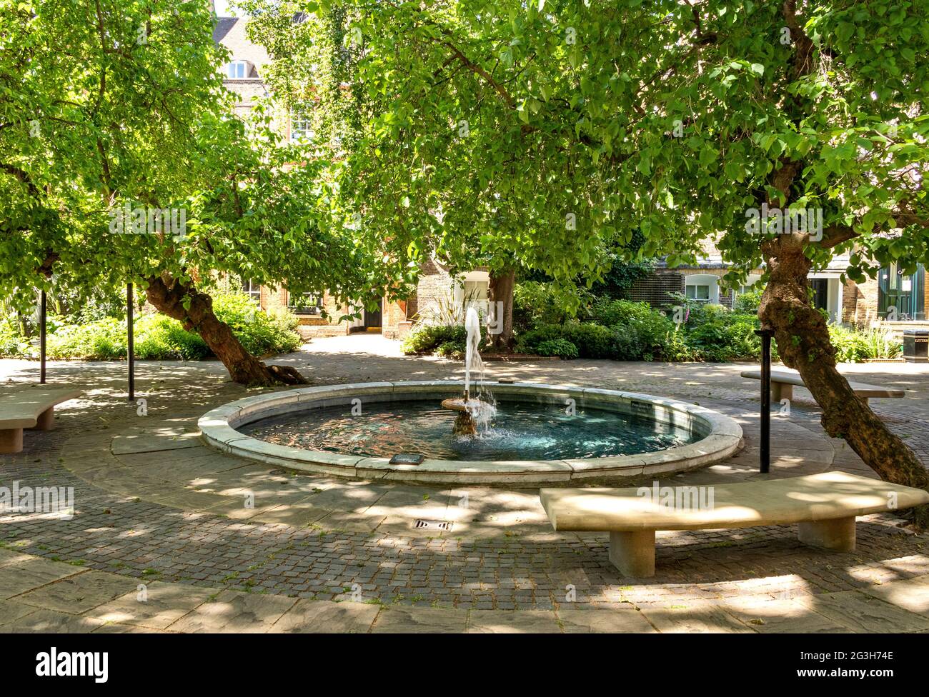 LONDON ENGLAND MITTELTEMPEL EIN MAULBEERBAUM BESCHATTET COURT MIT PLÄTSCHERNDEN BRUNNEN TEICH UND GARTEN IM FRÜHSOMMER Stockfoto