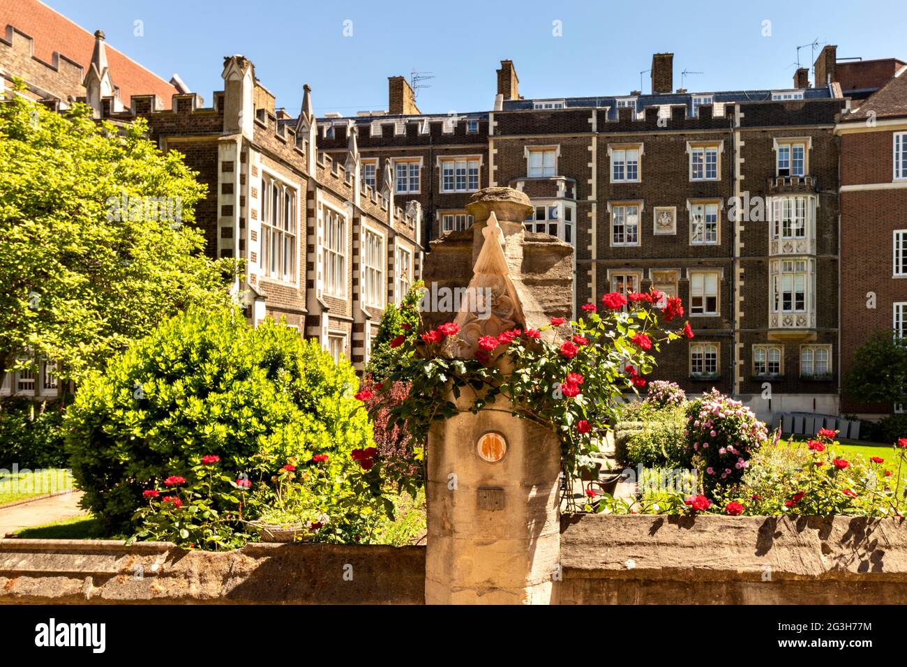 LONDON ENGLAND MITTLERE TEMPELGÄRTEN UND SÄULE MIT ROTEN ROSEN IM FRÜHSOMMER Stockfoto