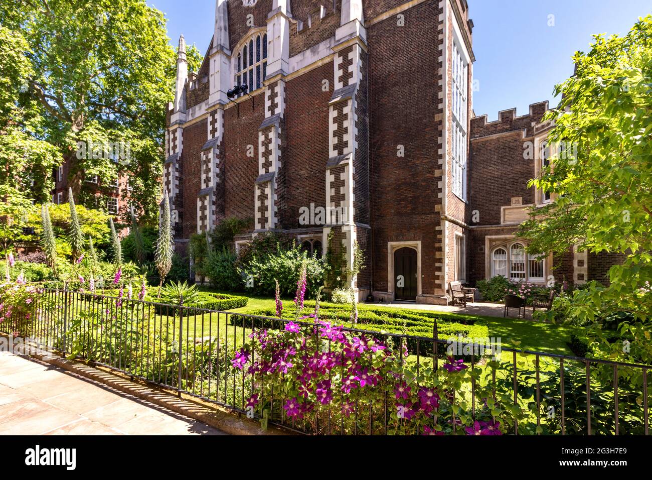 LONDON ENGLAND MITTLERE TEMPELGÄRTEN MIT FÜCHSHANDSCHUHEN UND ROSA CLEMATIS IM FRÜHSOMMER Stockfoto