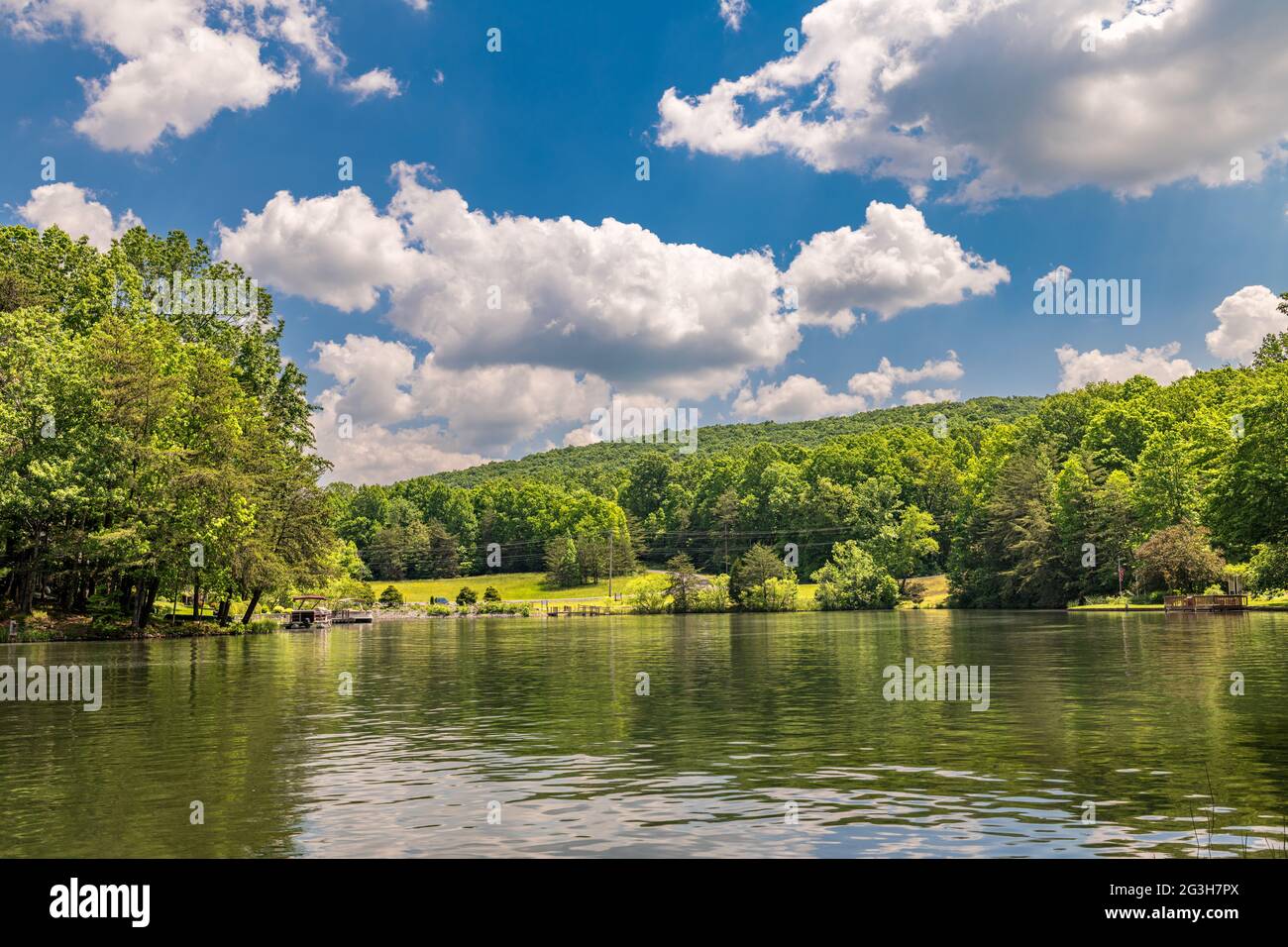 Das malerische Panorama des Lake Dartmoor in Tennessee zeigt eine sehr ruhige, glasige Seenoberfläche mit reichen, gesunden Eichen, die die Küste säumen. Stockfoto