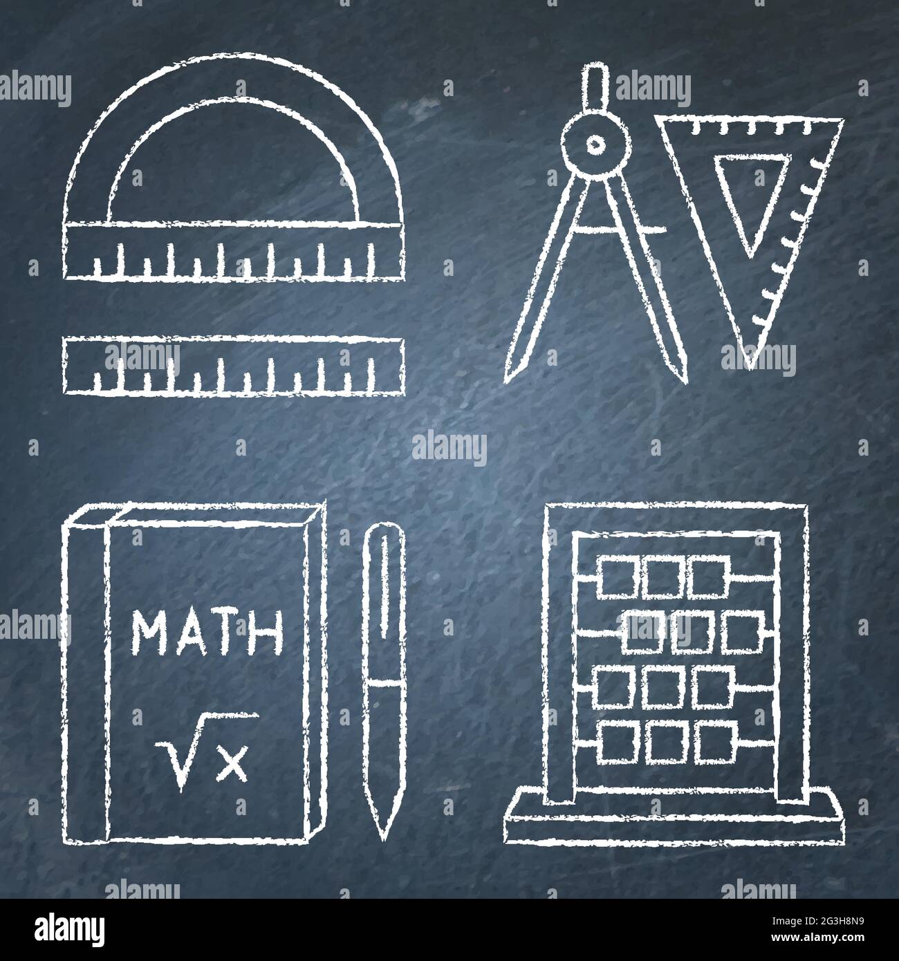 Symbole für mathematische Instrumente werden in Linienform auf dem Schwarzen Brett eingestellt. Winkelmesser und Lineal, Kompasse und Quadrat, Theoriebuch und Abakus. Vektorgrafik. Stock Vektor