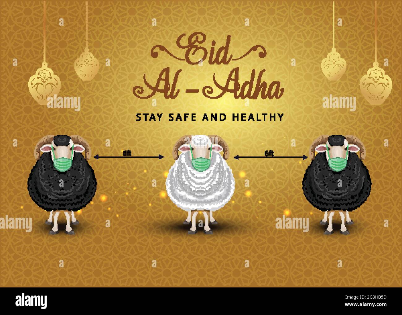 Der islamische Feiertag Eid Al Adha Mubarak mit Schafen, die eine medizinische Maske tragen. Design for Islam Festival Kurban Bayram Card or Poster. corona Virus covid-19 konz Stock Vektor